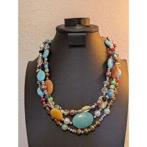 Southwest Layer Triple Strand Stone Crystal Bead Jeweled 20"-22.5" Necklace